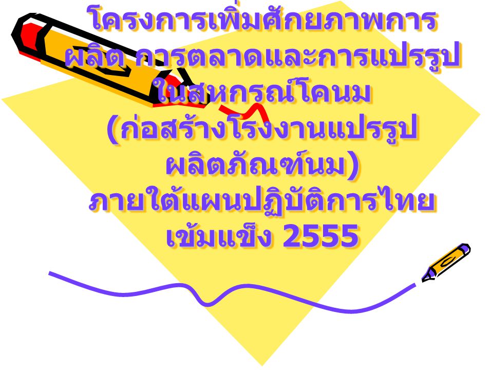 โครงการเพิ่มศักยภาพการผลิต การตลาดและการแปรรูปในสหกรณ์โคนม (ก่อสร้างโรงงานแปรรูปผลิตภัณฑ์นม) ภายใต้แผนปฏิบัติการไทยเข้มแข็ง 2555
