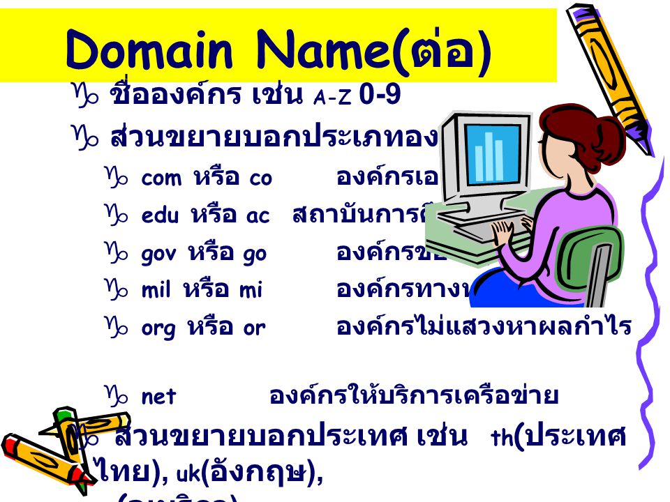 Domain Name(ต่อ) ชื่อองค์กร เช่น A-Z 0-9 ส่วนขยายบอกประเภทองค์กร