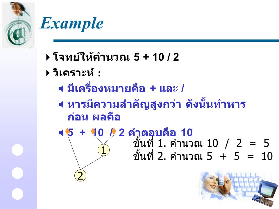 Example โจทย์ให้คำนวณ / 2 วิเคราะห์ : มีเครื่องหมายคือ + และ /