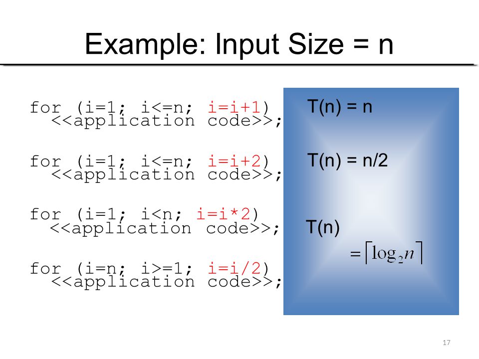 Example: Input Size = n for (i=1; i<=n; i=i+1) T(n) = n