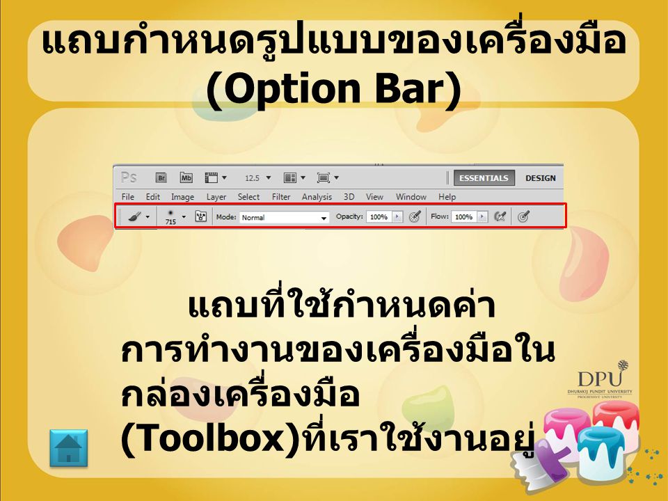 แถบกำหนดรูปแบบของเครื่องมือ (Option Bar)