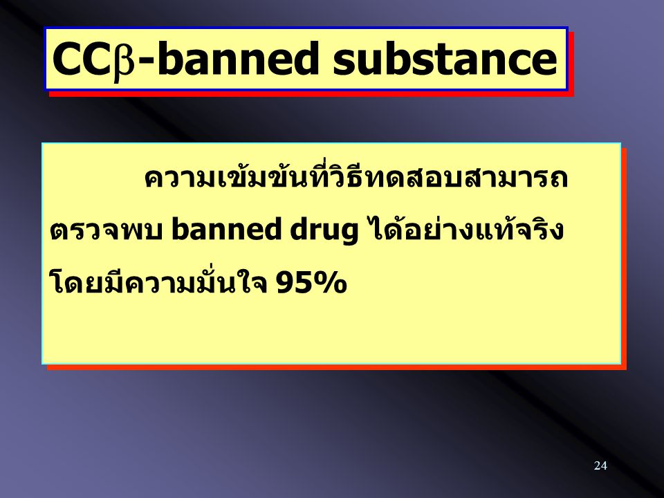 CCb-banned substance ความเข้มข้นที่วิธีทดสอบสามารถตรวจพบ banned drug ได้อย่างแท้จริง โดยมีความมั่นใจ 95%