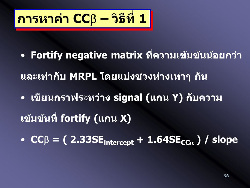 การหาค่า CCb – วิธีที่ 1 Fortify negative matrix ที่ความเข้มข้นน้อยกว่าและเท่ากับ MRPL โดยแบ่งช่วงห่างเท่าๆ กัน.
