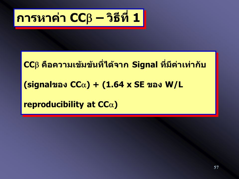 การหาค่า CCb – วิธีที่ 1 CCb คือความเข้มข้นที่ได้จาก Signal ที่มีค่าเท่ากับ (signalของ CCa) + (1.64 x SE ของ W/L reproducibility at CCa)