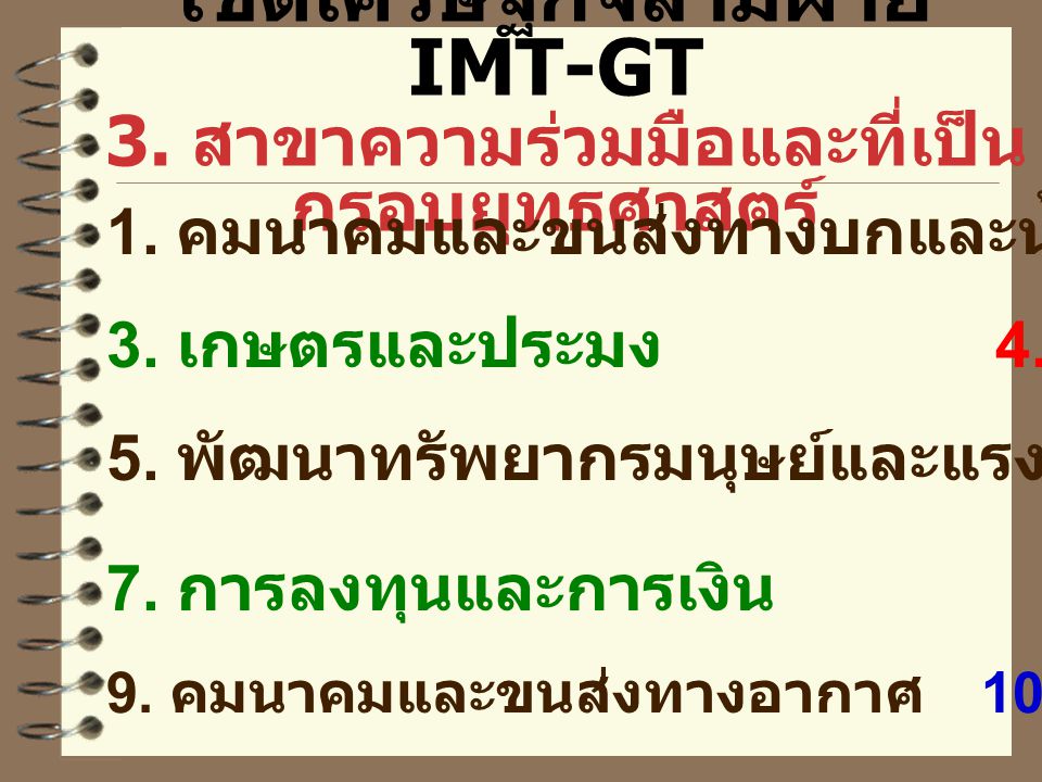 เขตเศรษฐกิจสามฝ่าย IMT-GT 3. สาขาความร่วมมือและที่เป็นกรอบยุทธศาสตร์