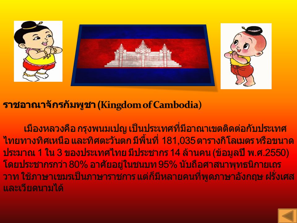 ราชอาณาจักรกัมพูชา (Kingdom of Cambodia) เมืองหลวงคือ กรุงพนมเปญ เป็นประเทศที่มีอาณาเขตติดต่อกับประเทศไทยทางทิศเหนือ และทิศตะวันตก มีพื้นที่ 181,035 ตารางกิโลเมตร หรือขนาดประมาณ 1 ใน 3 ของประเทศไทย มีประชากร 14 ล้านคน (ข้อมูลปี พ.ศ.2550) โดยประชากรกว่า 80% อาศัยอยู่ในชนบท 95% นับถือศาสนาพุทธนิกายเถรวาท ใช้ภาษาเขมรเป็นภาษาราชการ แต่ก็มีหลายคนที่พูดภาษาอังกฤษ ฝรั่งเศส และเวียดนามได้