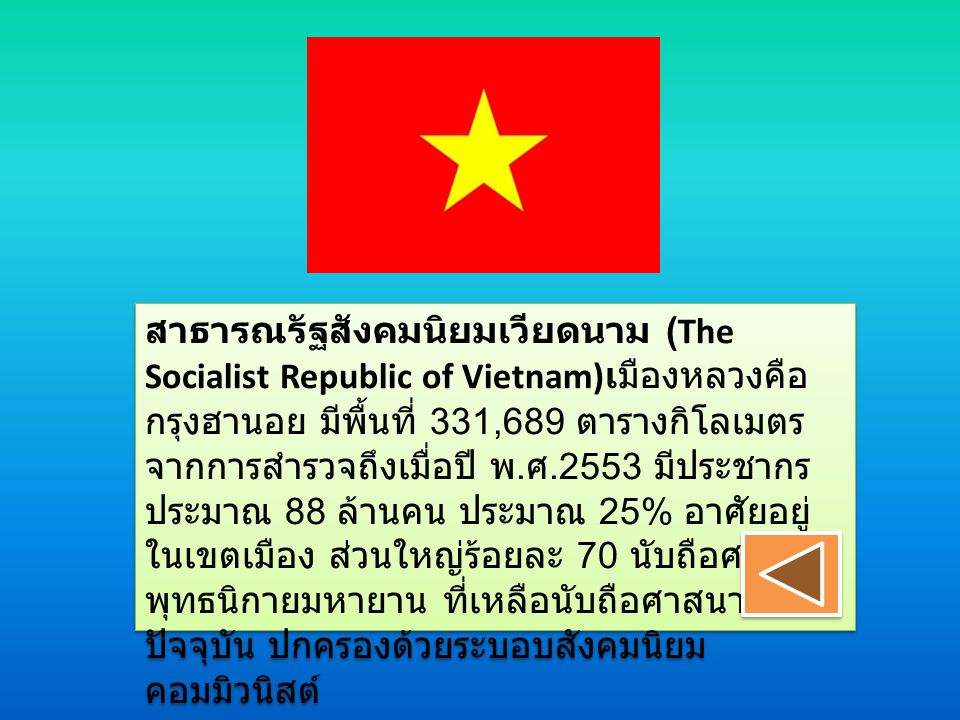 สาธารณรัฐสังคมนิยมเวียดนาม (The Socialist Republic of Vietnam)เมืองหลวงคือ กรุงฮานอย มีพื้นที่ 331,689 ตารางกิโลเมตร จากการสำรวจถึงเมื่อปี พ.ศ.2553 มีประชากรประมาณ 88 ล้านคน ประมาณ 25% อาศัยอยู่ในเขตเมือง ส่วนใหญ่ร้อยละ 70 นับถือศาสนาพุทธนิกายมหายาน ที่เหลือนับถือศาสนาคริสต์ ปัจจุบัน ปกครองด้วยระบอบสังคมนิยมคอมมิวนิสต์