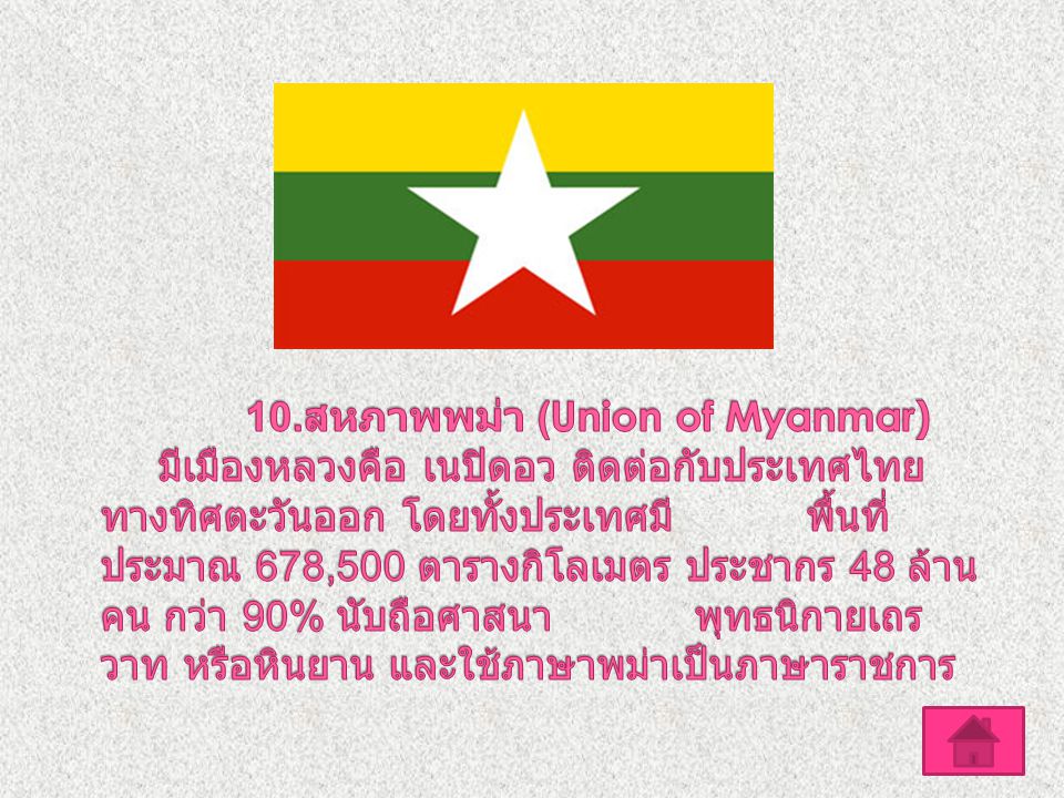 10.สหภาพพม่า (Union of Myanmar) มีเมืองหลวงคือ เนปิดอว ติดต่อกับประเทศไทยทางทิศตะวันออก โดยทั้งประเทศมี พื้นที่ประมาณ 678,500 ตารางกิโลเมตร ประชากร 48 ล้านคน กว่า 90% นับถือศาสนา พุทธนิกายเถรวาท หรือหินยาน และใช้ภาษาพม่าเป็นภาษาราชการ