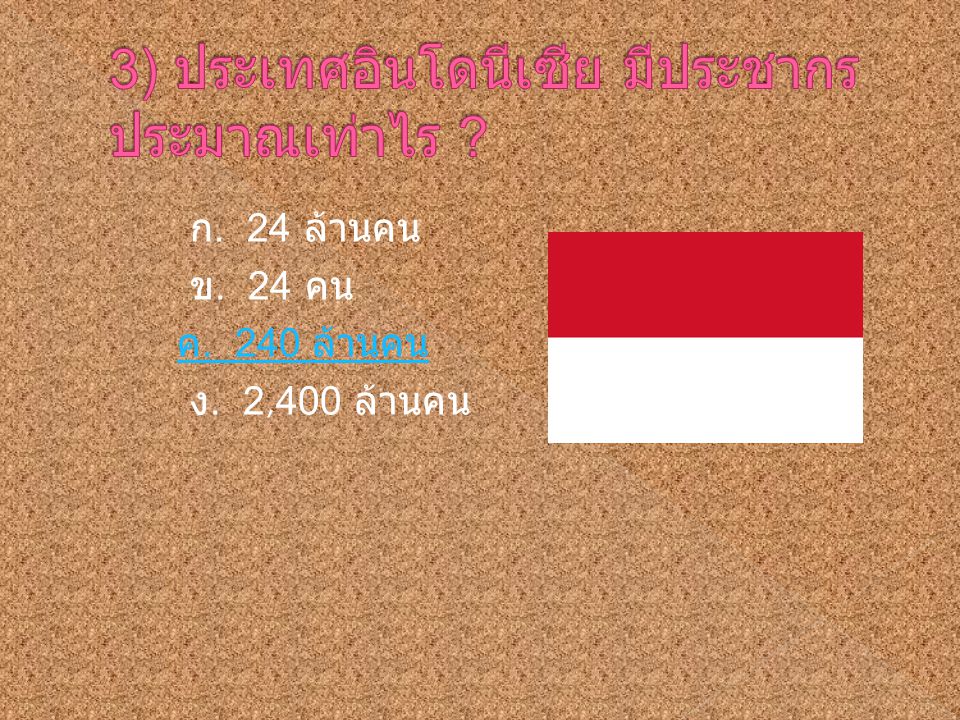 3) ประเทศอินโดนีเซีย มีประชากรประมาณเท่าไร