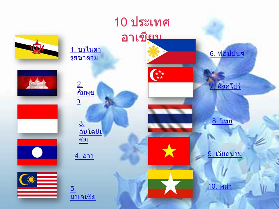 10 ประเทศอาเซียน 1. บรูไนดารุสซาลาม 6. ฟิลิปปินส์ 2. กัมพูชา