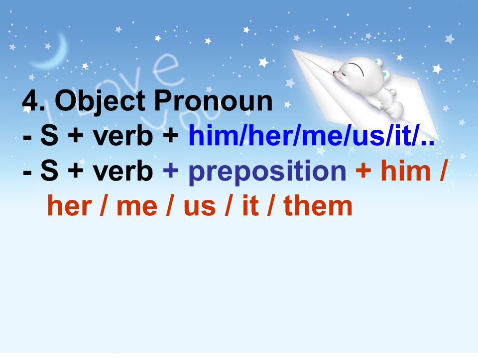 4. Object Pronoun - S + verb + him/her/me/us/it/