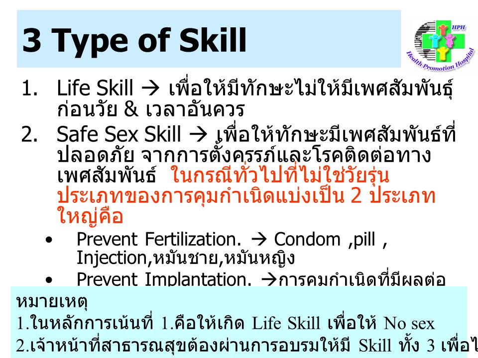 3 Type of Skill Life Skill  เพื่อให้มีทักษะไม่ให้มีเพศสัมพันธุ์ก่อนวัย & เวลาอันควร.