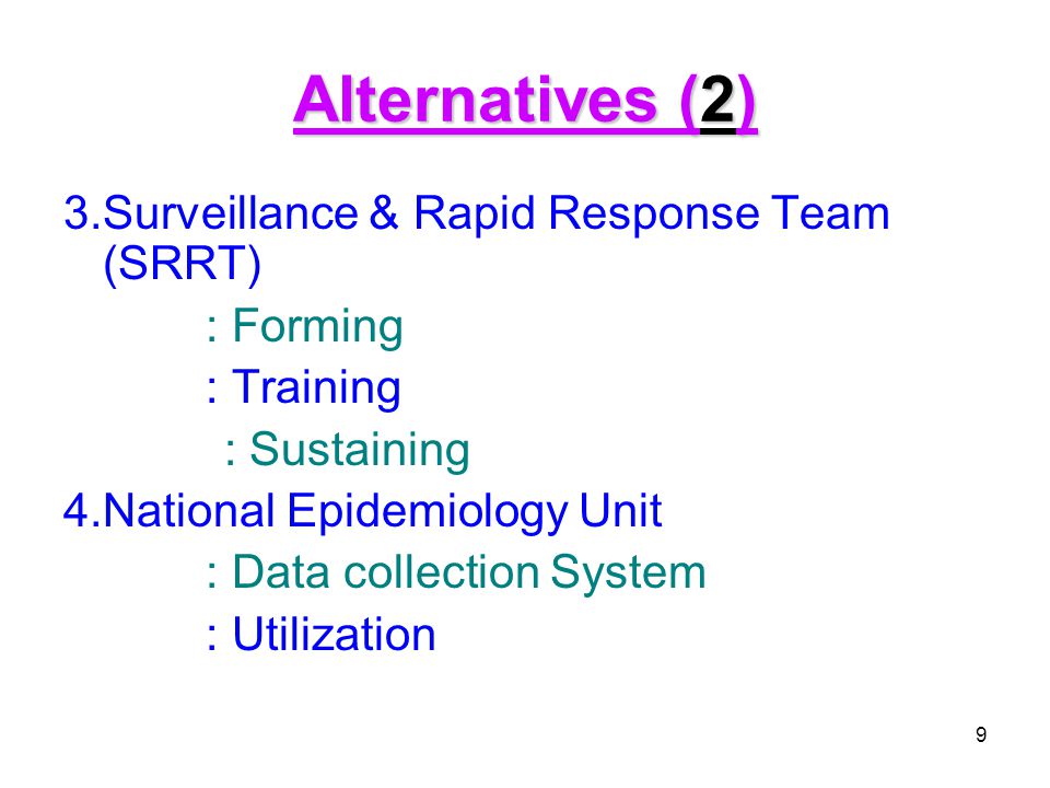 Alternatives (2) 3.Surveillance & Rapid Response Team (SRRT) : Forming