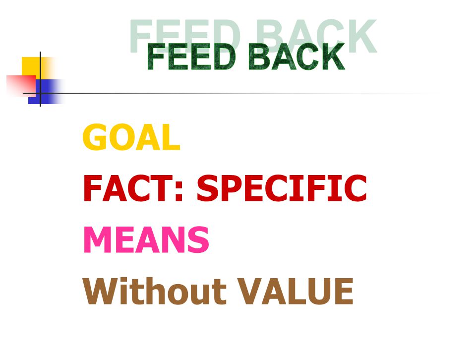 FEED BACK GOAL FACT: SPECIFIC MEANS Without VALUE