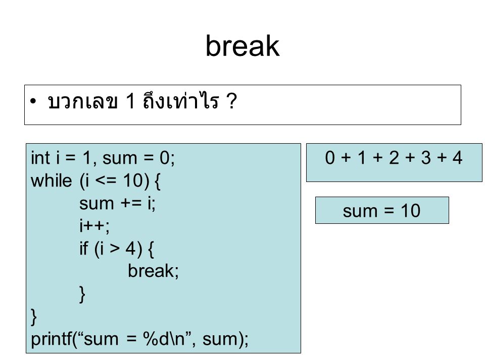 break บวกเลข 1 ถึงเท่าไร int i = 1, sum = 0; while (i <= 10) {