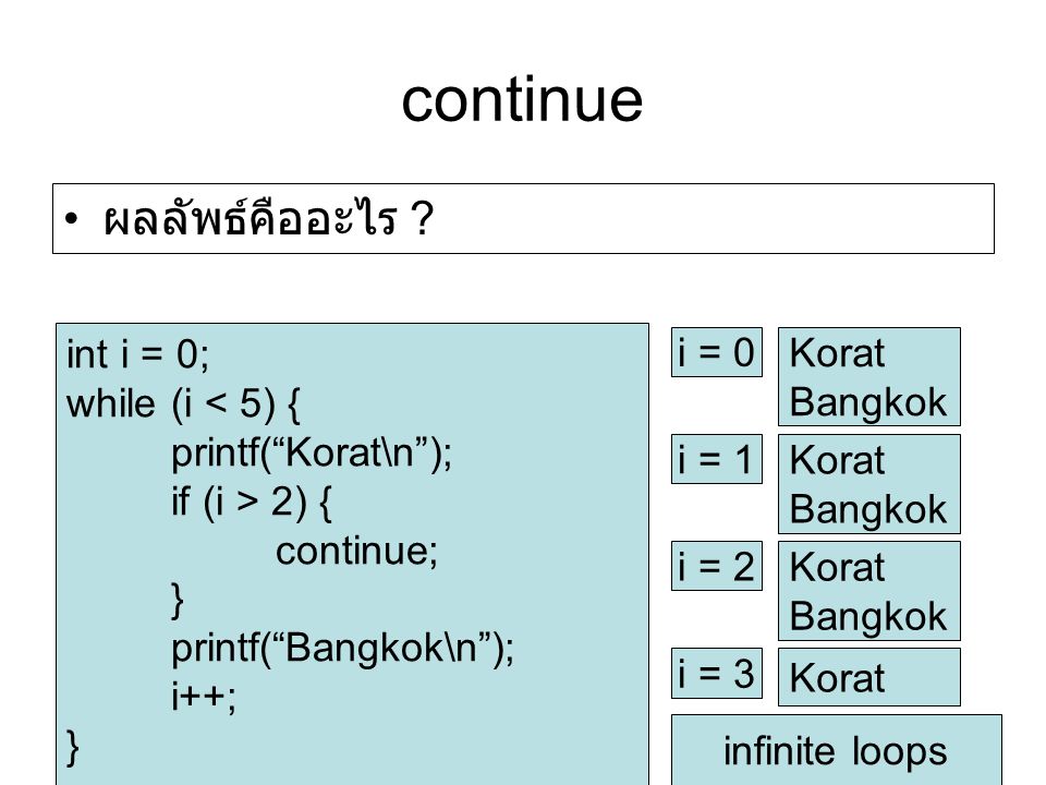 continue ผลลัพธ์คืออะไร int i = 0; while (i < 5) {