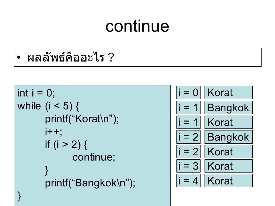 continue ผลลัพธ์คืออะไร int i = 0; while (i < 5) {