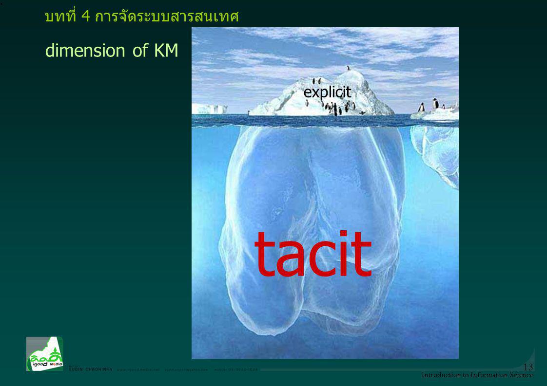 tacit dimension of KM บทที่ 4 การจัดระบบสารสนเทศ explicit