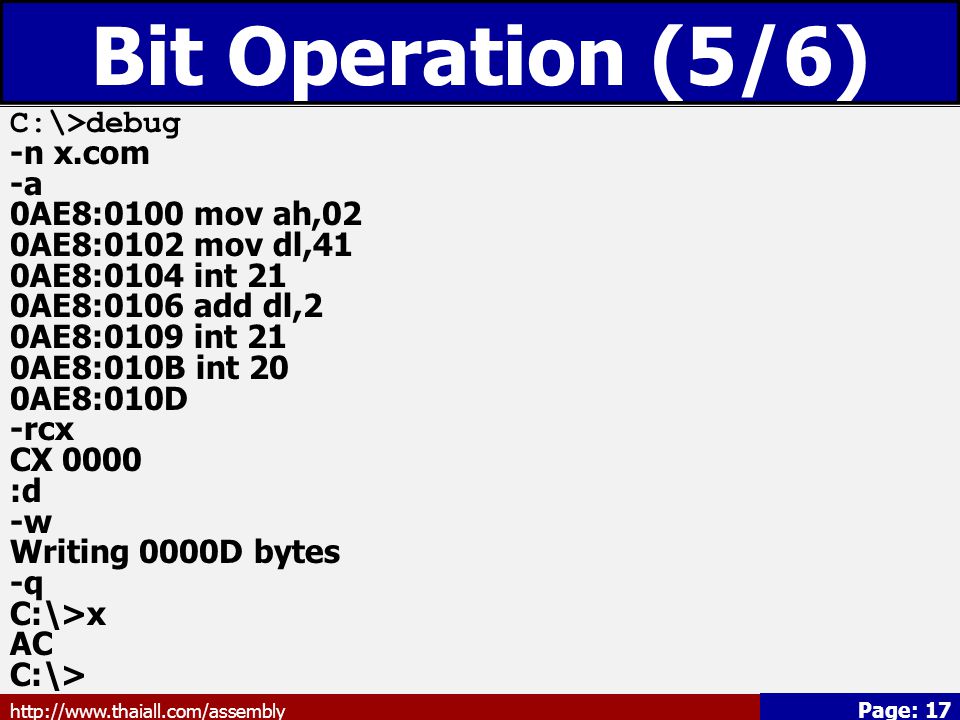 Bit Operation (5/6) C:\>debug -n x.com -a 0AE8:0100 mov ah,02