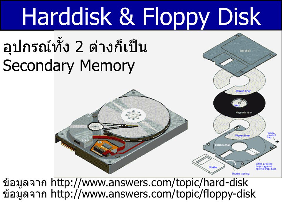 Harddisk & Floppy Disk อุปกรณ์ทั้ง 2 ต่างก็เป็น Secondary Memory
