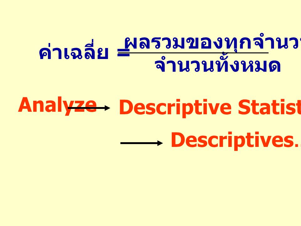 ผลรวมของทุกจำนวน ค่าเฉลี่ย = จำนวนทั้งหมด Analyze Descriptive Statistics Descriptives...