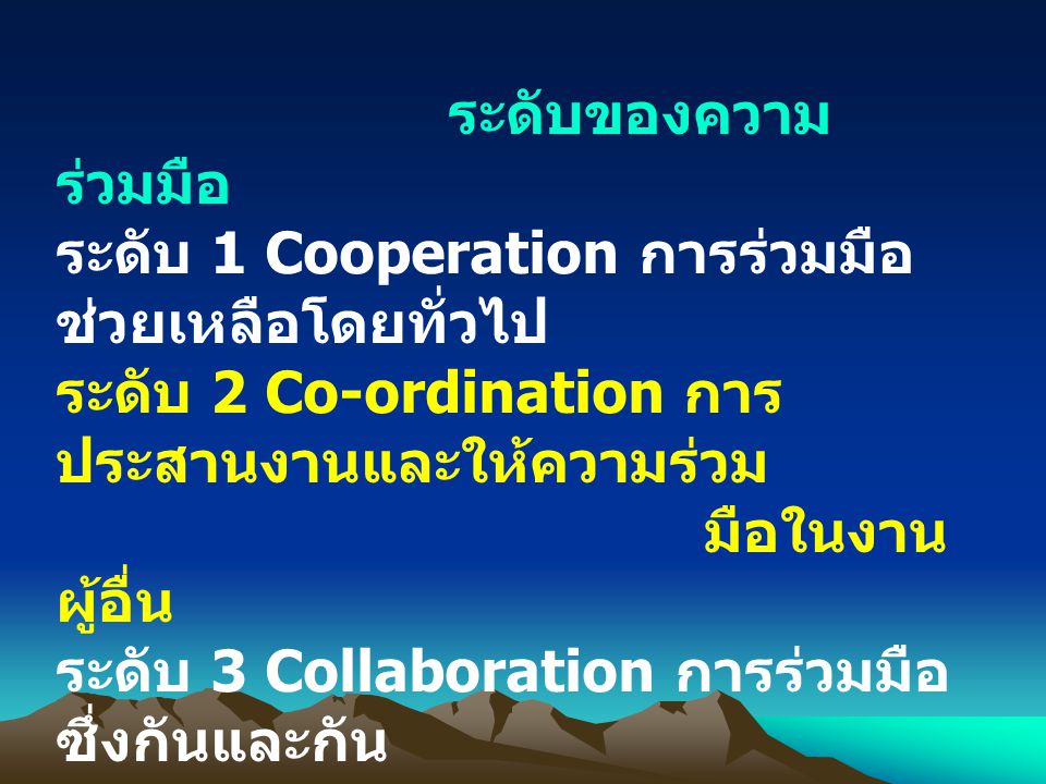 ระดับของความร่วมมือ ระดับ 1 Cooperation การร่วมมือช่วยเหลือโดยทั่วไป. ระดับ 2 Co-ordination การประสานงานและให้ความร่วม.