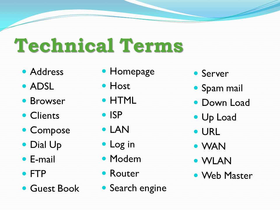 Technical Terms Address Homepage Server ADSL Host Spam mail Browser
