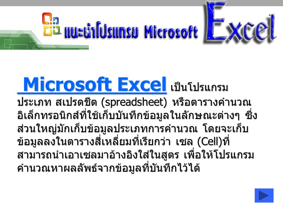 Microsoft Excel เป็นโปรแกรมประเภท สเปรดชีต (spreadsheet) หรือตารางคำนวณอิเล็กทรอนิกส์ที่ใช้เก็บบันทึกข้อมูลในลักษณะต่างๆ ซึ่งส่วนใหญ่มักเก็บข้อมูลประเภทการคำนวณ โดยจะเก็บข้อมูลลงในตารางสี่เหลี่ยมที่เรียกว่า เซล (Cell)ที่สามารถนำเอาเซลมาอ้างอิงใส่ในสูตร เพื่อให้โปรแกรมคำนวณหาผลลัพธ์จากข้อมูลที่บันทึกไว้ได้