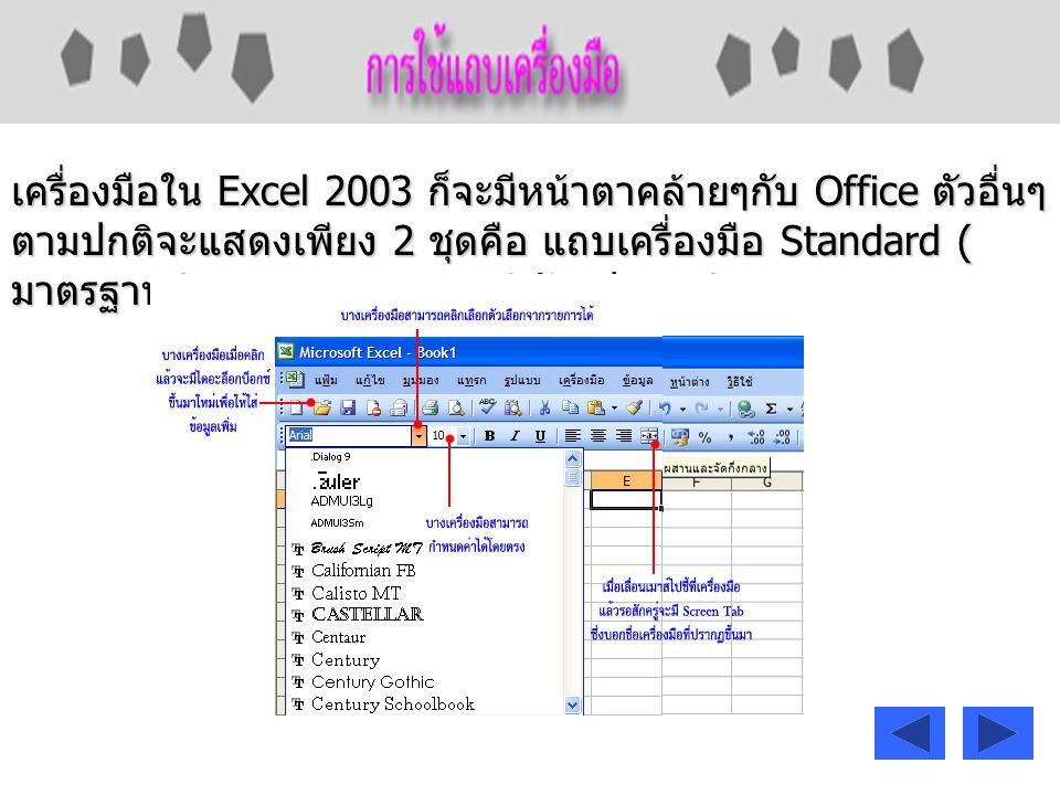 เครื่องมือใน Excel 2003 ก็จะมีหน้าตาคล้ายๆกับ Office ตัวอื่นๆ ตามปกติจะแสดงเพียง 2 ชุดคือ แถบเครื่องมือ Standard ( มาตรฐาน ) และ Formatting ( จัดรูปแบบ )