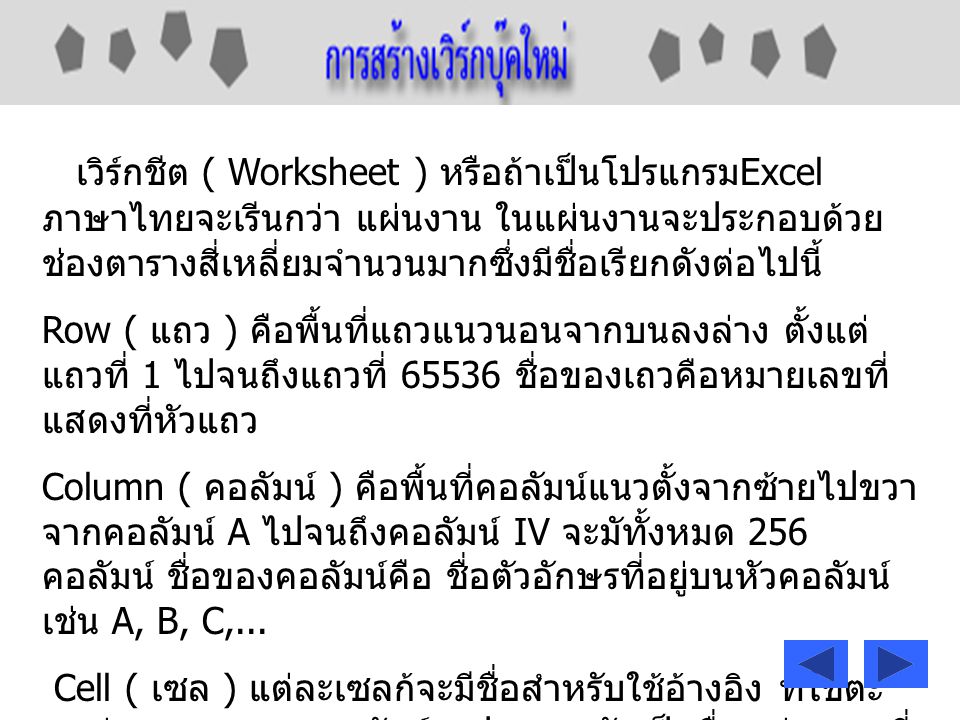 เวิร์กชีต ( Worksheet ) หรือถ้าเป็นโปรแกรมExcelภาษาไทยจะเรีนกว่า แผ่นงาน ในแผ่นงานจะประกอบด้วยช่องตารางสี่เหลี่ยมจำนวนมากซึ่งมีชื่อเรียกดังต่อไปนี้