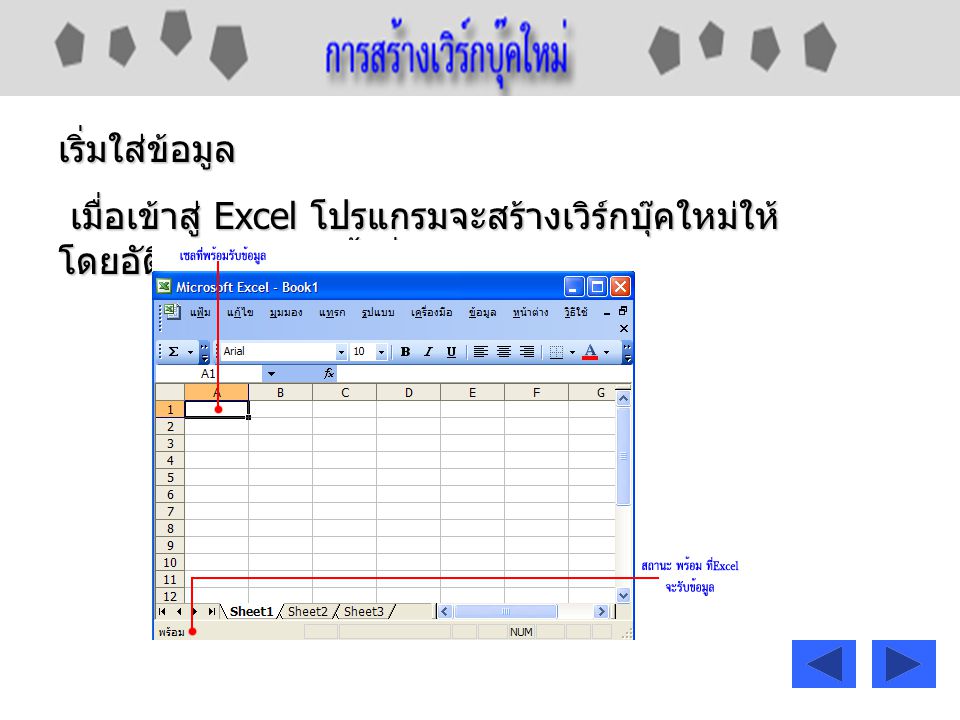 เริ่มใส่ข้อมูล เมื่อเข้าสู่ Excel โปรแกรมจะสร้างเวิร์กบุ๊คใหม่ให้โดยอัติโนมัติพร้อมตั้งชื่อว่า Book1.