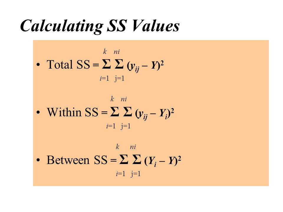 Calculating SS Values Total SS = Σ Σ (yij – Y)2