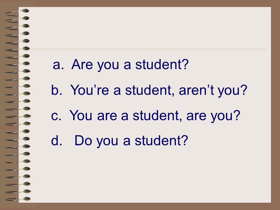 a. Are you a student b. You’re a student, aren’t you