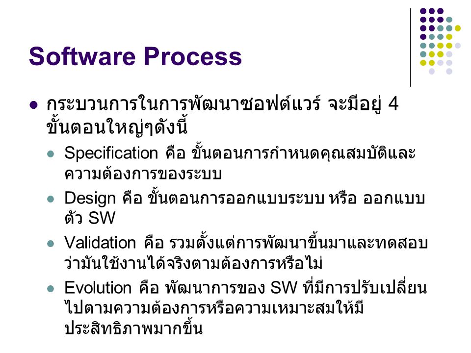 Software Process กระบวนการในการพัฒนาซอฟต์แวร์ จะมีอยู่ 4 ขั้นตอนใหญ่ๆดังนี้ Specification คือ ขั้นตอนการกำหนดคุณสมบัติและความต้องการของระบบ.
