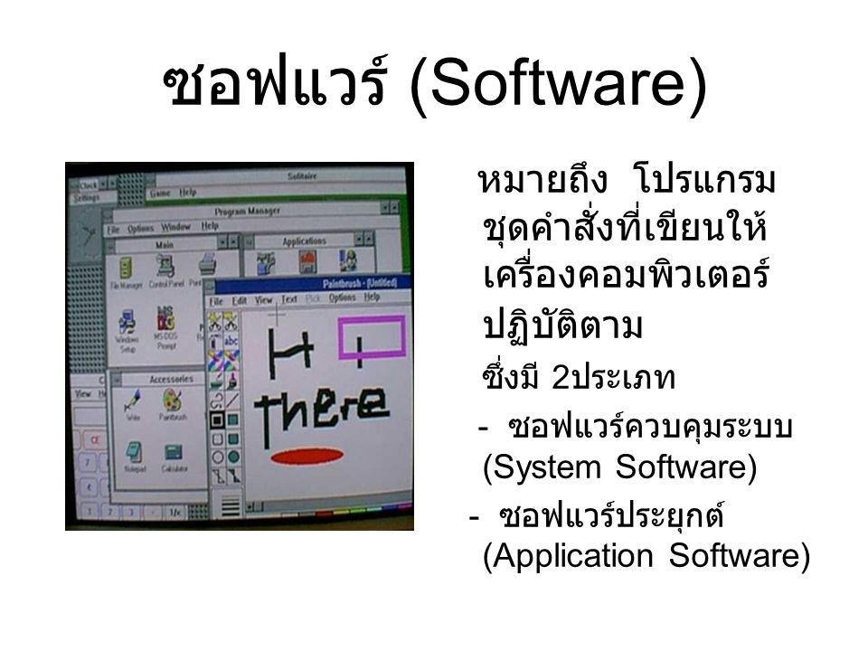 ซอฟแวร์ (Software) หมายถึง โปรแกรมชุดคำสั่งที่เขียนให้เครื่องคอมพิวเตอร์ปฏิบัติตาม. ซึ่งมี 2ประเภท.