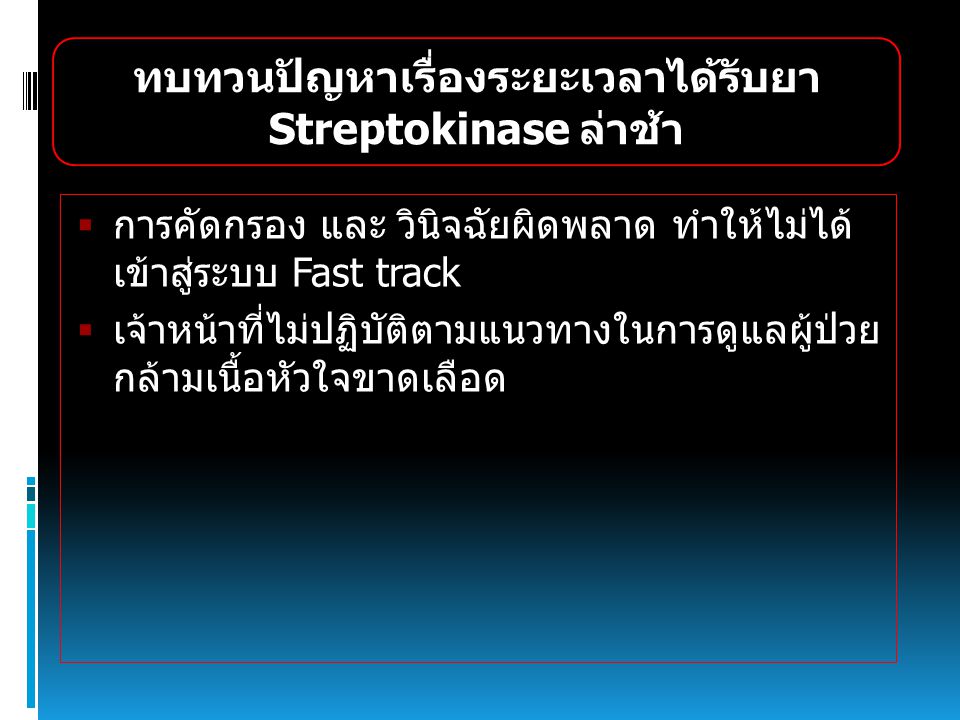 ทบทวนปัญหาเรื่องระยะเวลาได้รับยา Streptokinase ล่าช้า