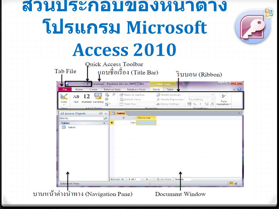 ส่วนประกอบของหน้าต่างโปรแกรม Microsoft Access 2010