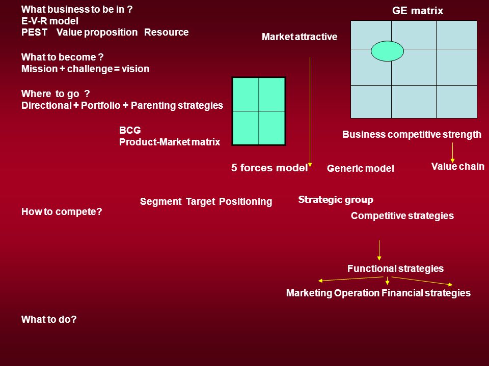 GE matrix 5 forces model What business to be in E-V-R model