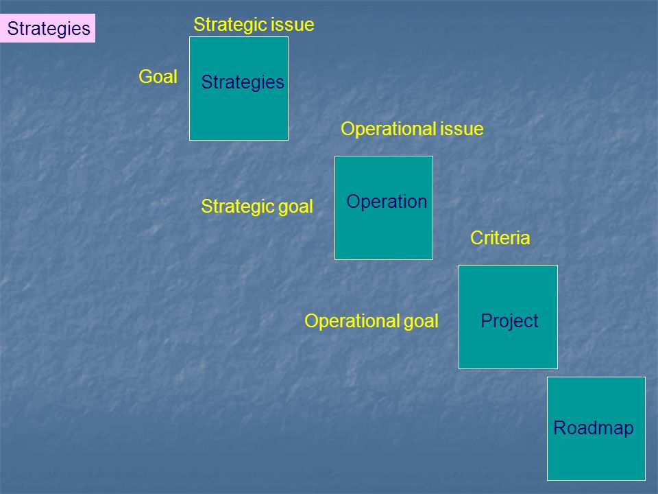 Strategies Strategic issue. Goal. Strategies. Operational issue. Operation. Strategic goal. Criteria.