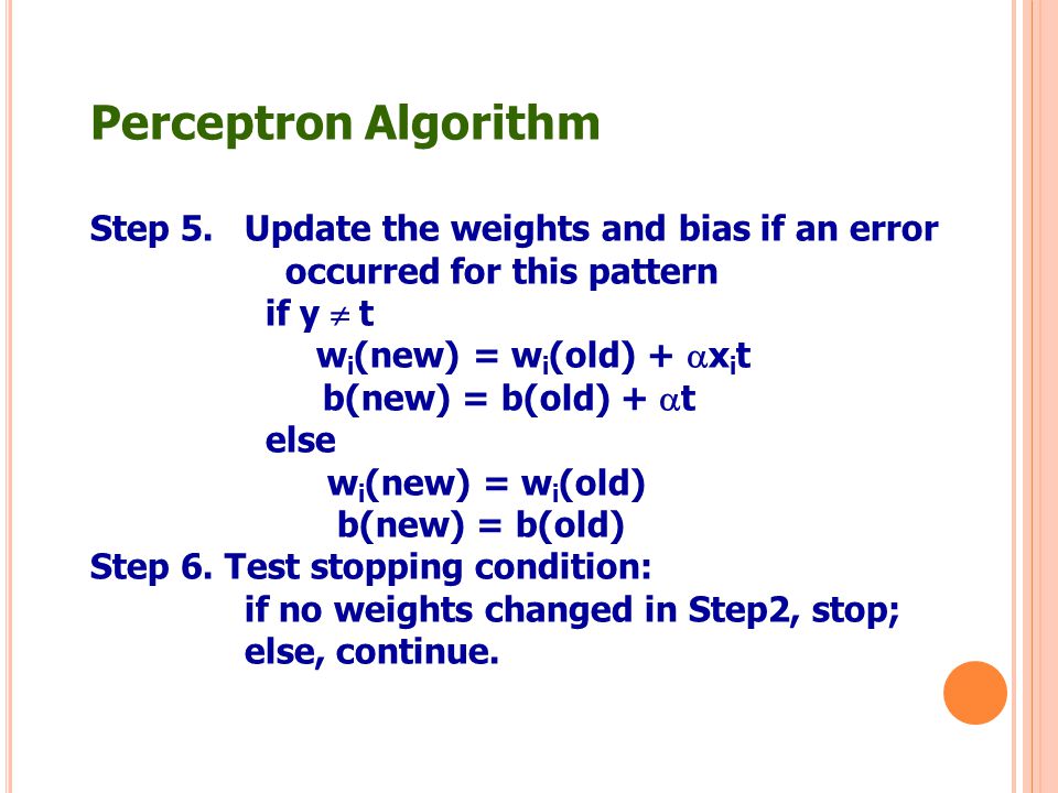 Perceptron Algorithm Step 5. Update the weights and bias if an error