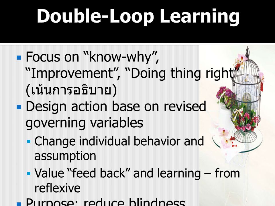 Double-Loop Learning Focus on know-why , Improvement , Doing thing right (เน้นการอธิบาย) Design action base on revised governing variables.