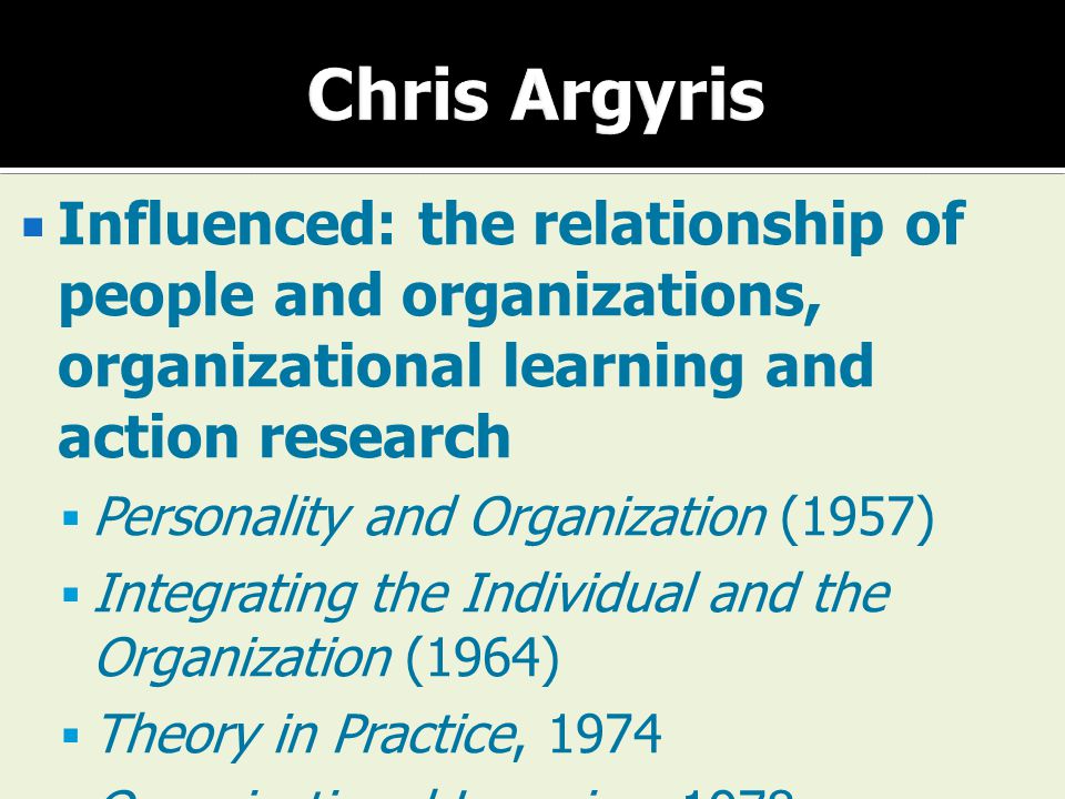 Chris Argyris Influenced: the relationship of people and organizations, organizational learning and action research.
