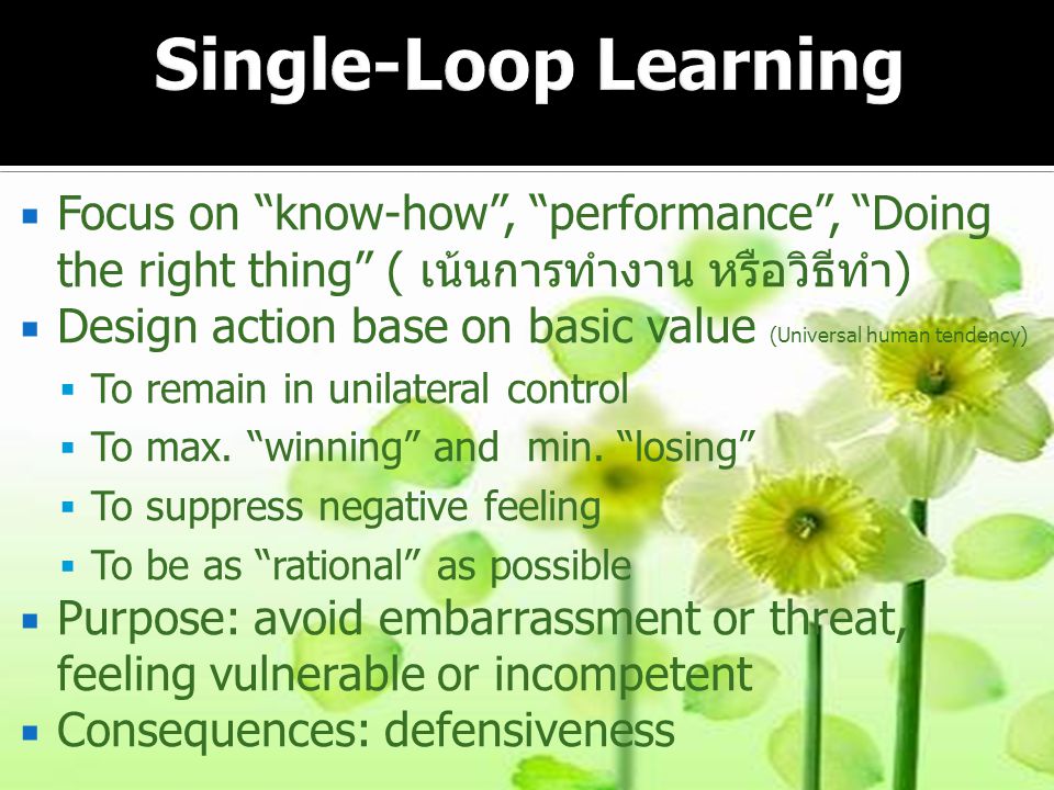 Single-Loop Learning Focus on know-how , performance , Doing the right thing ( เน้นการทำงาน หรือวิธีทำ)