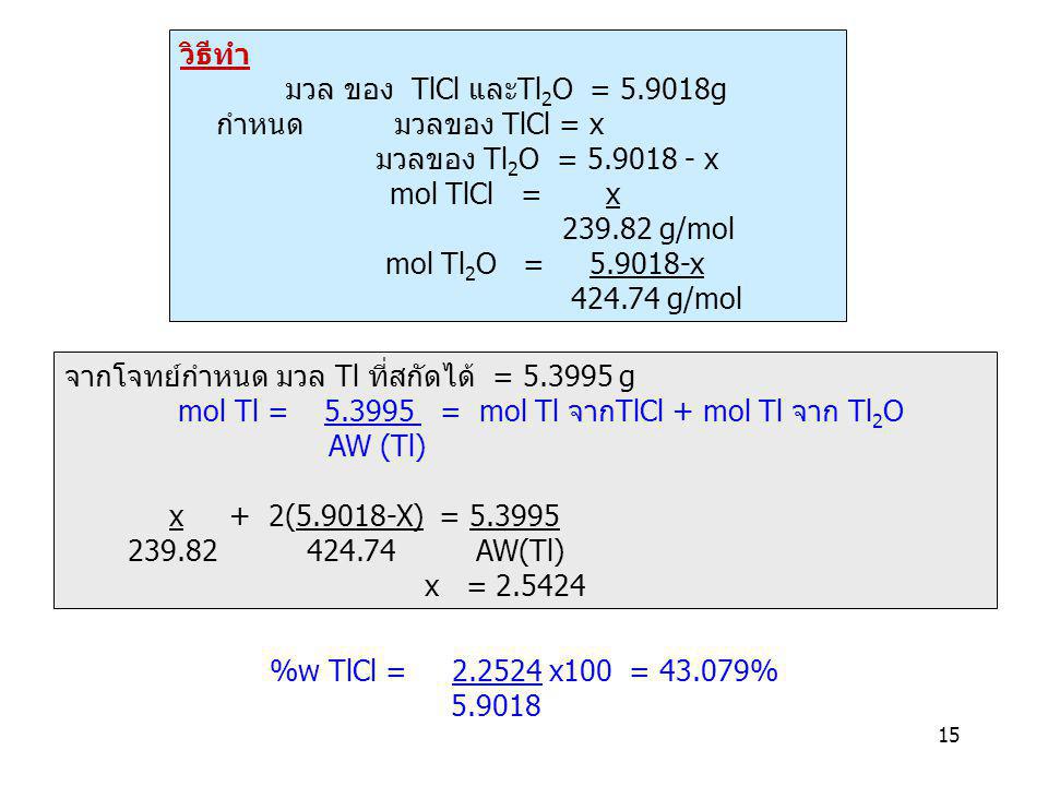 วิธีทำ มวล ของ TlCl และTl2O = g. กำหนด มวลของ TlCl = x. มวลของ Tl2O = x.