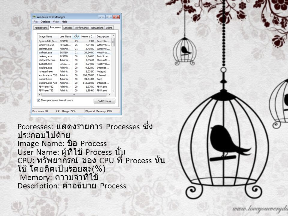 Pcoresses: แสดงรายการ Processes ซึ่งประกอบไปด้วย Image Name: ชื่อ Process User Name: ผู้ที่ใช้ Process นั้น CPU: ทรัพยากรณ์ ของ CPU ที่ Process นั้นใช้ โดยคิดเป็นร้อยละ(%) Memory: ความจำที่ใช้ Description: คำอธิบาย Process