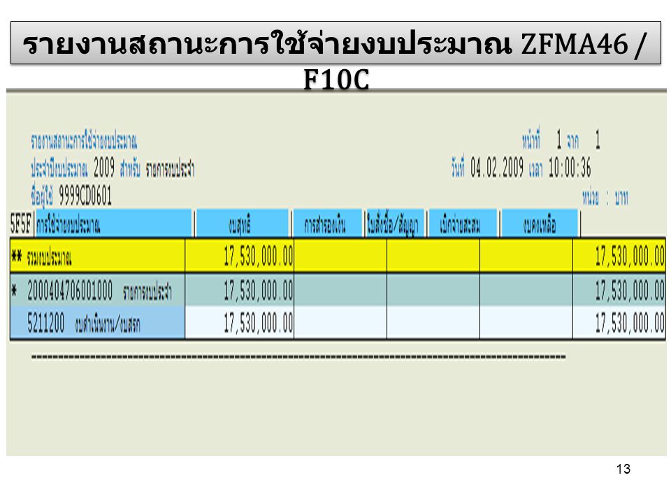 รายงานสถานะการใช้จ่ายงบประมาณ ZFMA46 / F10C