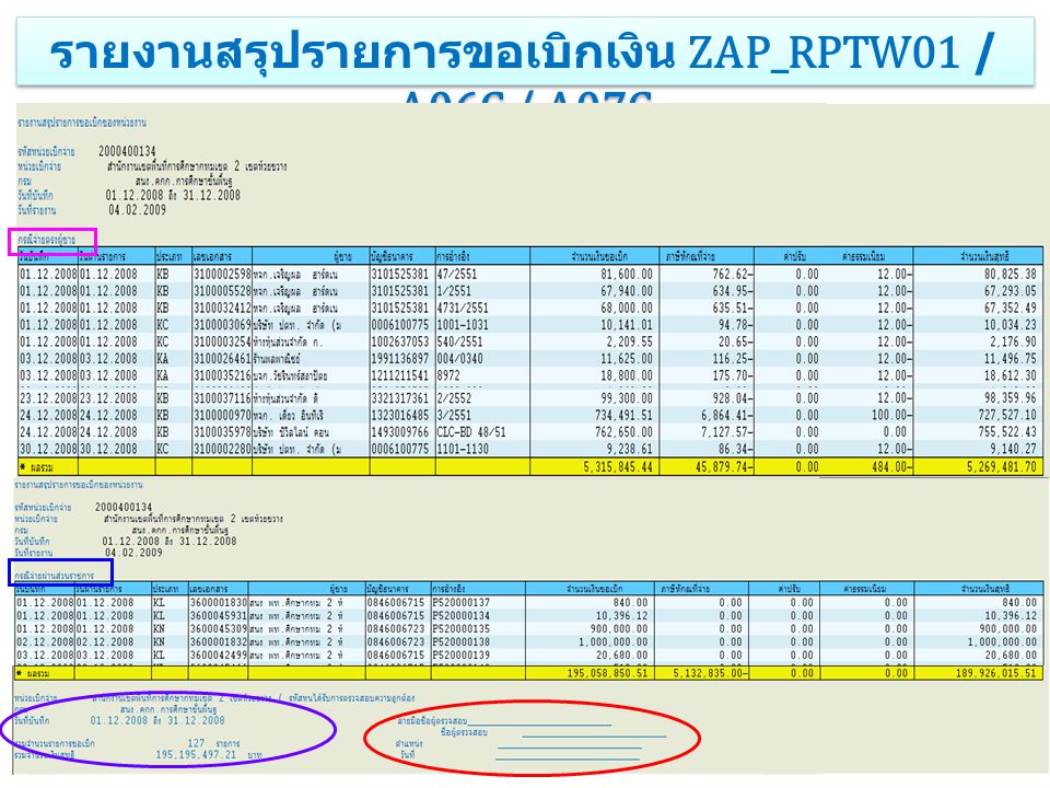 รายงานสรุปรายการขอเบิกเงิน ZAP_RPTW01 / A06C / A07C