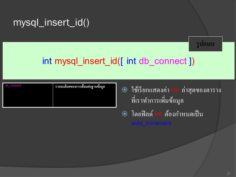 int mysql_insert_id([ int db_connect ])