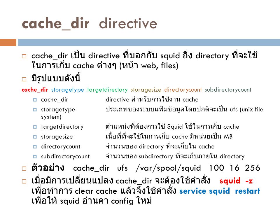 cache_dir directive cache_dir เป็น directive ที่บอกกับ squid ถึง directory ที่จะใช้ในการเก็บ cache ต่างๆ (หน้า web, files)