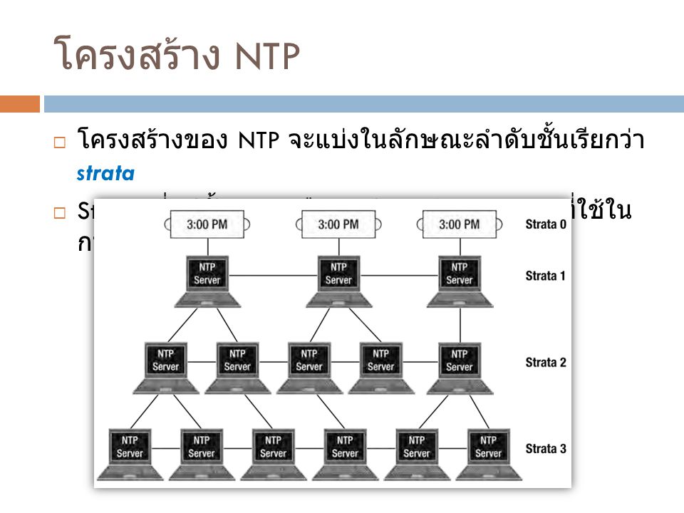 โครงสร้าง NTP โครงสร้างของ NTP จะแบ่งในลักษณะลำดับชั้นเรียกว่า strata